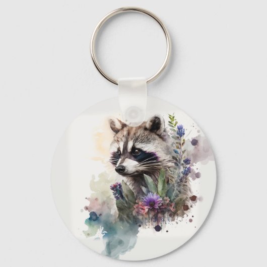 Watercolor Cute Raccoon Spring Flowers         Sleutelhanger (Voorkant)
