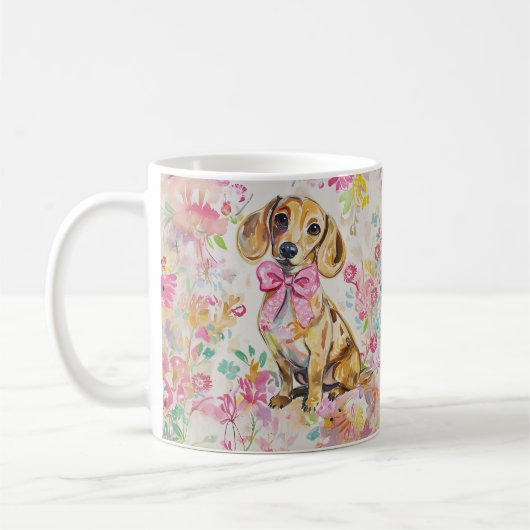Watercolor Dachshund Coffee Mug Pink Florals (Gauche)