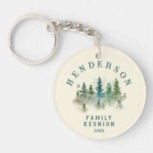 Watercolor Dennenbomen Familie Reünie Knop Sleutelhanger