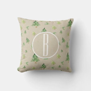 Watercolor dennenbomen Kraft monogram initiaal Kussen