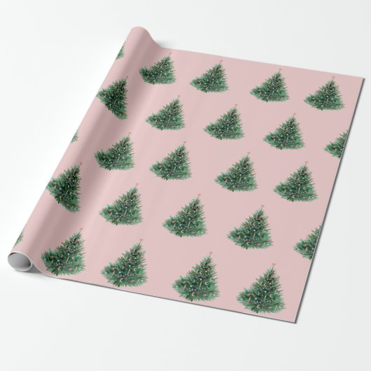 Watercolor Dennengebint Pink Kerstmis Cadeaupapier (Uitgerold)