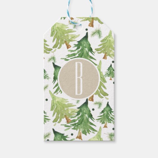 Watercolor Dennnenbomen Modern Rustiek Monogram Kr Cadeaulabel (Voorkant)