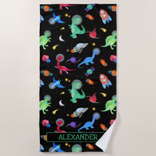 Watercolor Dinosaur Astronauts In Space Black Strandlaken (Voorkant)