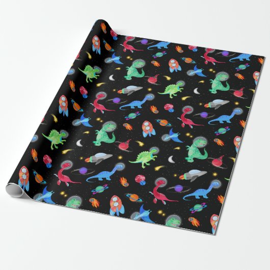 Watercolor Dinosaur Astronauts In Space Blue Cadeaupapier (Uitgerold)