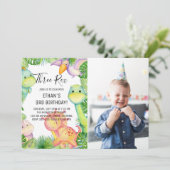 Watercolor Dinosaur Drie Rex 3e Verjaardagsfoto Kaart (Staand voorkant)