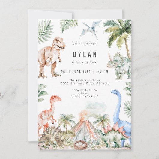Watercolor Dinosaur Kids Birthday Party Invitation (Devant)