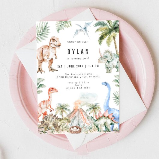 Watercolor Dinosaur Kids Birthday Party Invitation