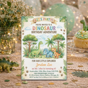 Watercolor Dinosauren Jungle 4e Verjaardagsfeestje Kaart