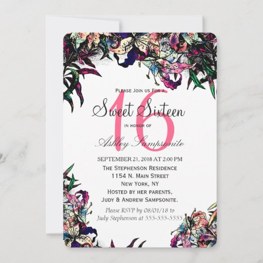 Watercolor Dragon Lilies Sweet 16 Invitations (Devant)