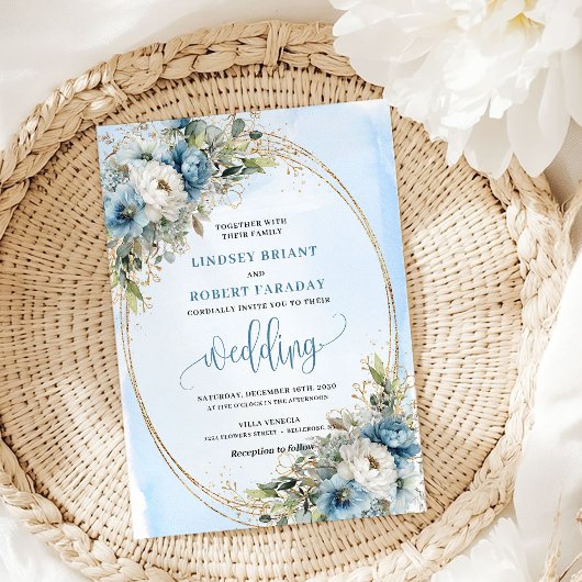 Watercolor Dusty Blue Floral wedding invitation Kaart
