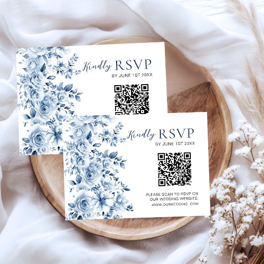 Watercolor Dusty Blue Floral Wedding RSVP QR Code
