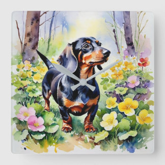 Watercolor Dwerghond Worst Hond Bos Primula Vierkante Klok