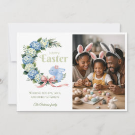 Watercolor Easter Hydrangea Cute Bunny Photo Feestdagenkaart