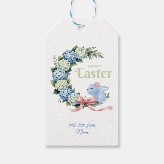 Watercolor Easter Hydrangea Wreath Cute Bunny Cadeaulabel (Voorkant)