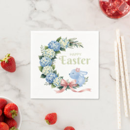Watercolor Easter Hydrangea Wreath Cute Bunny Servet