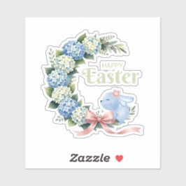 Watercolor Easter Hydrangea Wreath Cute Bunny Sticker