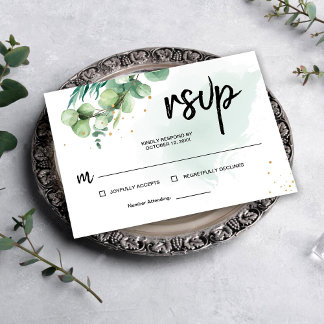 Watercolor Elegant Eycalyptus Green Wedding RSVP Kaartje