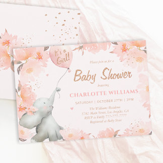 Watercolor Elephant Floral Gold Girl Baby Shower Kaart