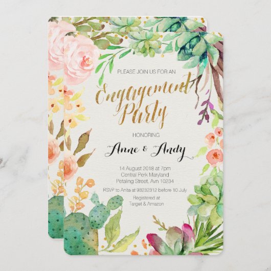 Watercolor Engagement invitation Boho Succulents (Devant / Derrière)