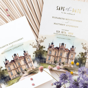 Watercolor Engelse landhuis folie save the date ka Uitnodiging
