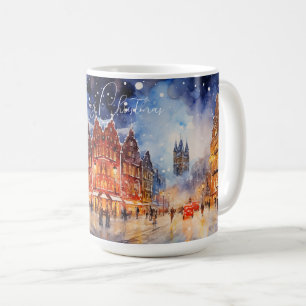 Watercolor Europese Winter Stadsgezicht Kerstmis Koffiemok