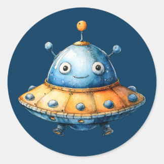 Watercolor Extraterrestrial Spaceship Cute UFO Ronde Sticker