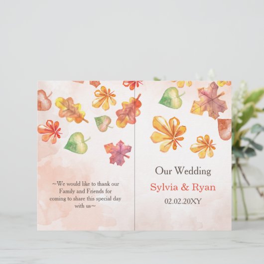 Watercolor Fall Leaves bookfold Wedding programme (Debout devant)