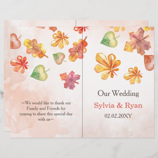 Watercolor Fall Leaves bookfold Wedding programme (Devant / Derrière)