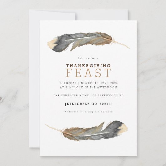Watercolor Feather Duo Thanksgiving Invitation de  (Devant)
