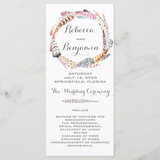 Watercolor Feathers Bohemian Wedding Programmes (Devant)