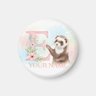 Watercolor Ferret with Floral Letter E Monogram Magneet
