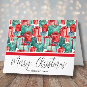 Watercolor Festieve Rood Groen Kerstmis Feestdagen Kaart