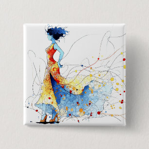 Watercolor Flamenco Danser – Vreugde in Beweging # Vierkante Button 5,1 Cm