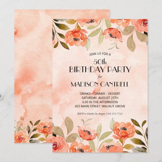Watercolor Floral 50e anniversaire Invitations de  (Devant / Derrière)
