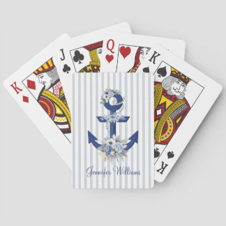 watercolor floral blue nautical stripes modern pokerkaarten