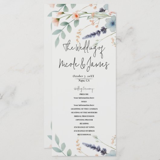 Watercolor Floral Fleur sauvage Wedding Programme (Devant / Derrière)