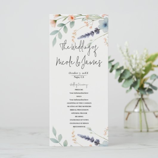 Watercolor Floral Fleur sauvage Wedding Programme (Debout devant)