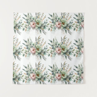 Watercolor Floral Foliage Green Pink Gold Accents Wandkleed