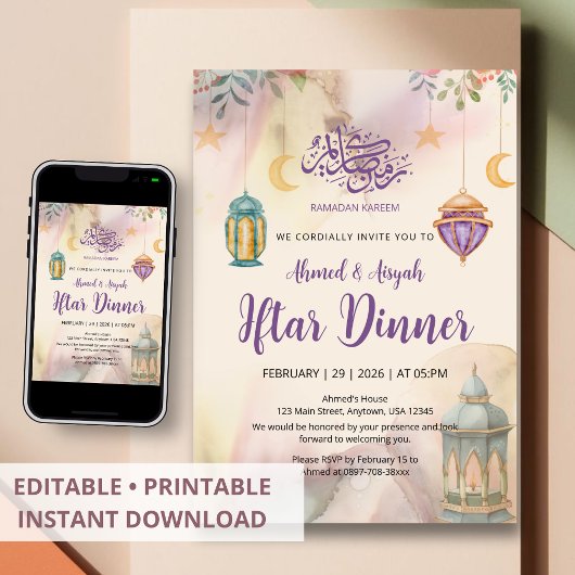 Watercolor Floral Lanterns Iftar Invitation Kaart
