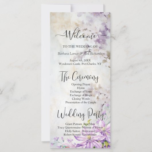 Watercolor Floral Lavender Wedding Programme (Devant)