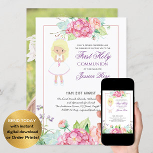 Watercolor Floral PHOTO First Communion Invitation