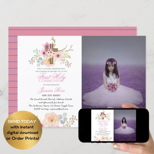 Watercolor Floral PHOTO First Communion Invitation