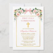 Watercolor Floral Pink Bow Gold Frame Communion Kaart (Voorkant)