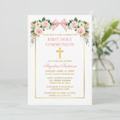 Watercolor Floral Pink Bow Gold Frame Communion Kaart (Staand voorkant)