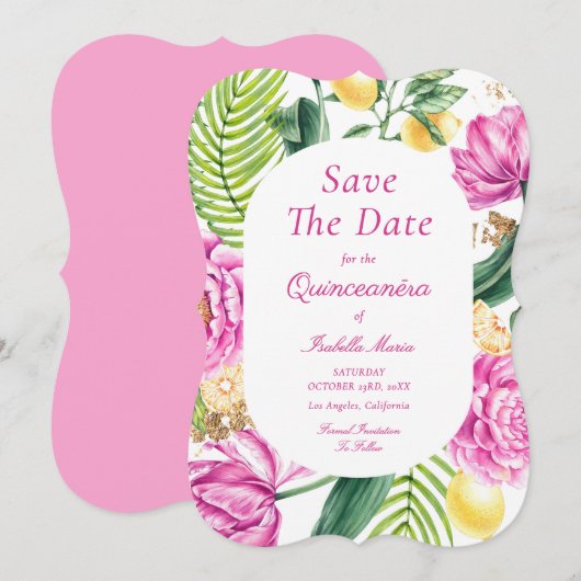 Watercolor Floral Pink Peonies Tulips Quinceañera Save The Date (Voorkant / Achterkant)