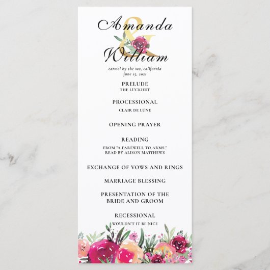 Watercolor Floral rose Mariage programme de cérémo (Devant)