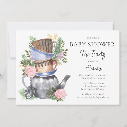 Watercolor Floral Tea Party Baby shower Invitation (Devant)