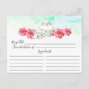 Watercolor Floral Tea Pot Floral Recipe Card Briefkaart