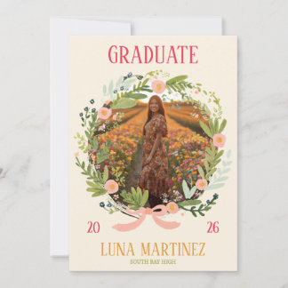 Watercolor Floral Wreath Photo Graduation Kaart