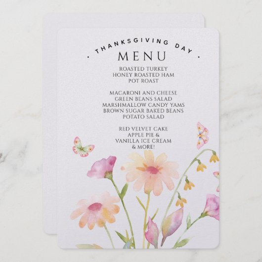 watercolor flower editable menu card (Devant / Derrière)